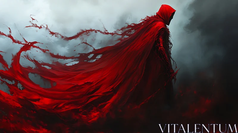 Crimson cloaked wanderer strides through swirling storm skies