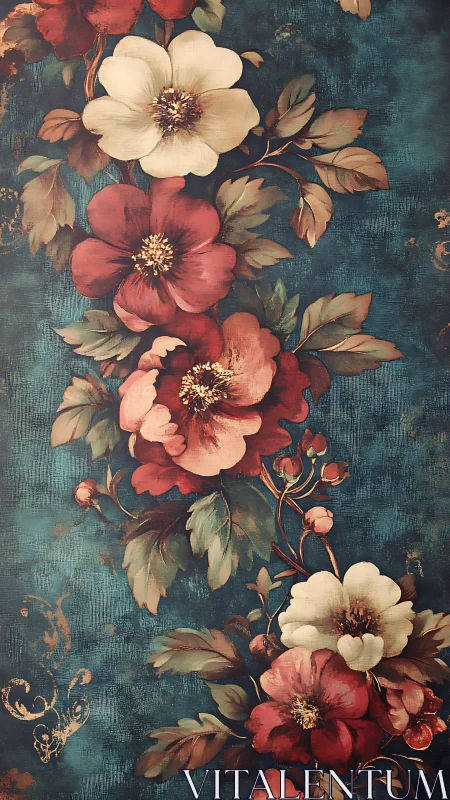 Vintage floral bouquet blooms against deep teal canvas