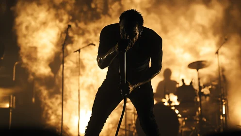Silhouetted rock vocalist against blazing stage pyrotechnics.