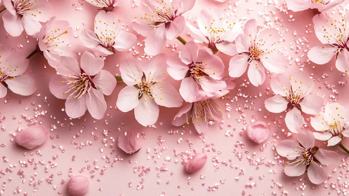 Pink Blossoms with Golden Stamens and Scattered Petals.
