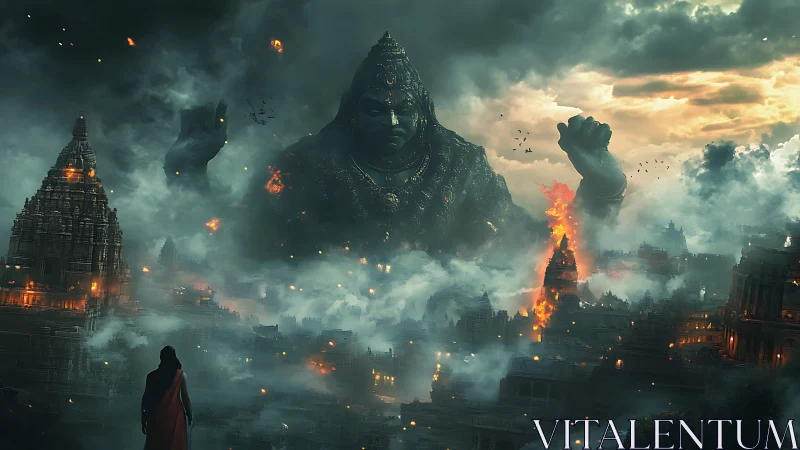 Colossal storm deity looms above burning mythic cityscape.