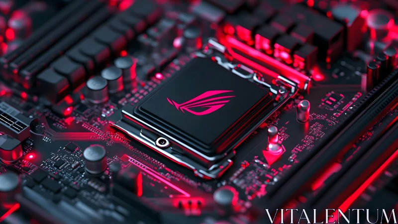 High-tech gaming motherboard close-up with red LED lighting.