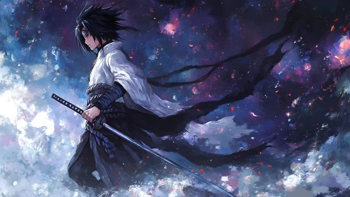 Samurai swordsman walks through swirling cosmic storm