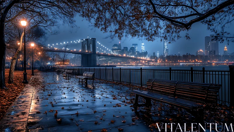 Dusk riverside promenade with Brooklyn Bridge and wet pavement.