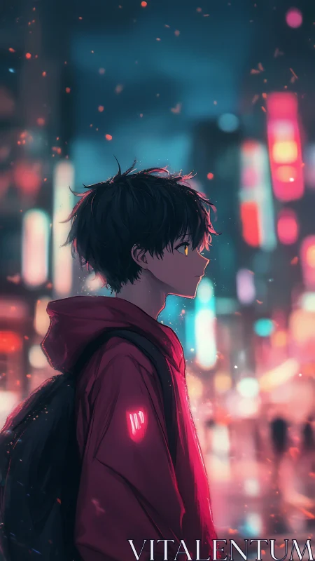 Side profile of youth in neon city street at night.