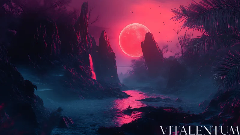 Neon-illuminated alien canyon with red moonlit river basin rendered