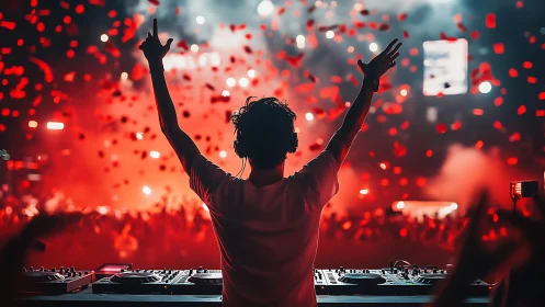 DJ controls club stage while crowd and confetti surround him