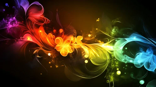 Chromatic flower storms swirl across a luminous void