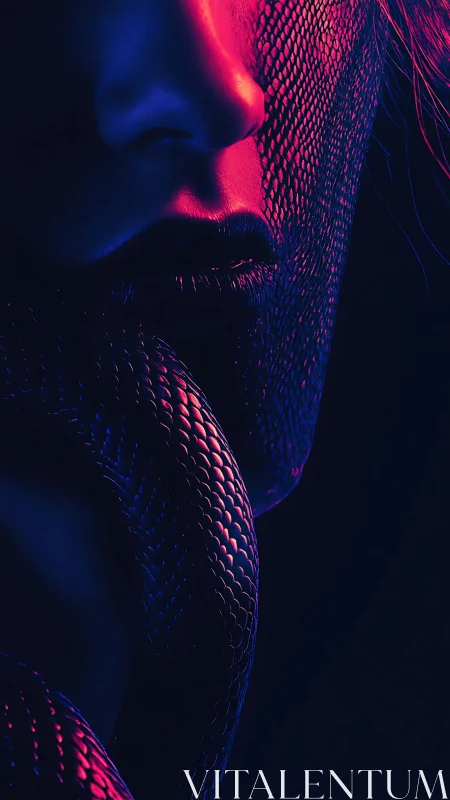 Neon-lit partial portrait with coiled serpent texture study.
