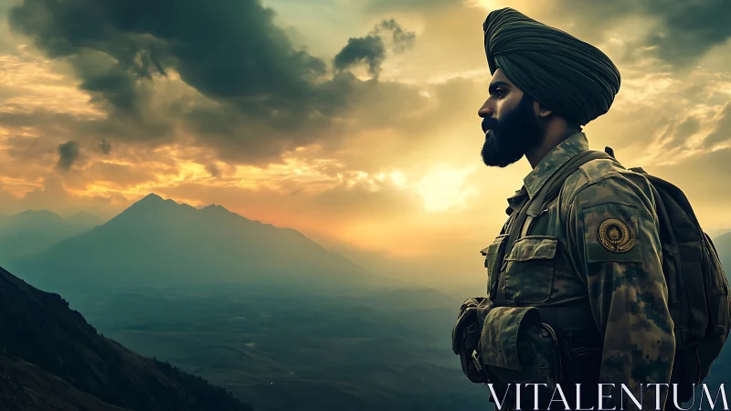 Photorealistic portrait of soldier against alpine sunset horizon.