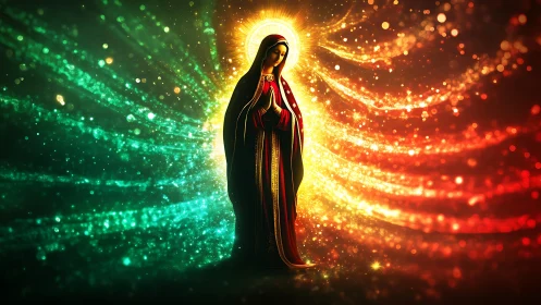 Radiant saintly figure with halo amid green and red light.