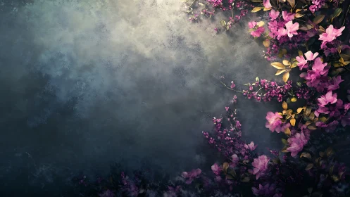 Moody floral border with pink blossoms on misted backdrop.