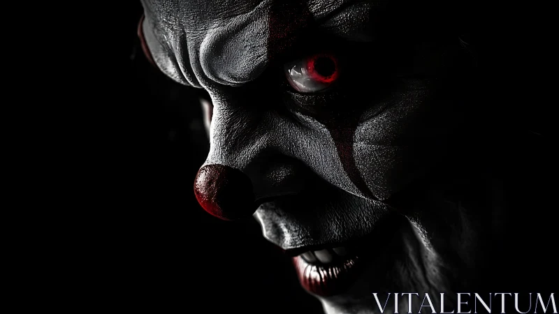 Sinister close-up of demonic clown face in dark shadows.