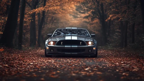 Muscle car front view cuts through atmospheric autumn forest