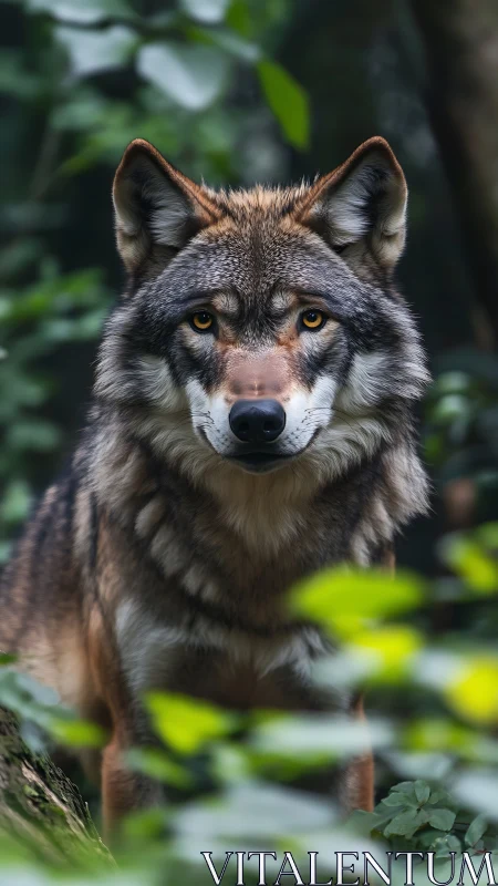 Front-facing gray wolf portrait with shallow depth-of-field rendering