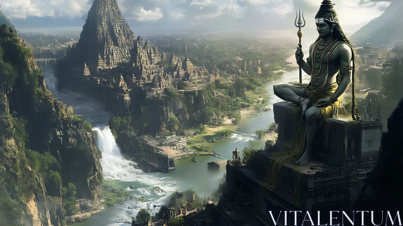 Divine guardian overlooks a sprawling river temple realm