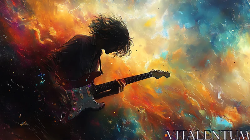 Guitarist silhouette explodes through swirling cosmic colors.
