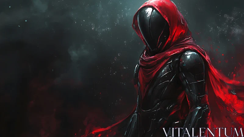 Hooded sci fi warrior in red cloak on dark background.