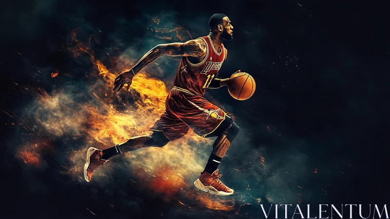 Basketball player in midair drive with fiery visual effects.