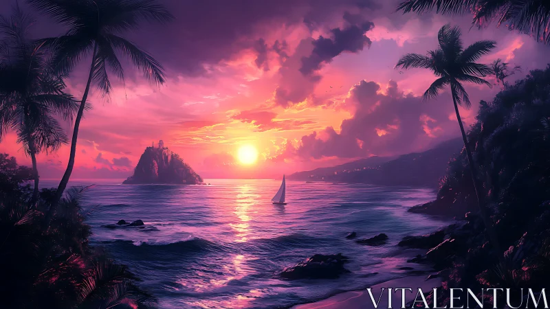 Neon-infused tropical seascape renders a cinematic twilight horizon