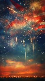 Patriotic fireworks burst over glowing sunset horizon.