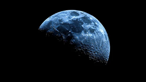 Lunar crescent in cool monochrome with detailed crater relief.