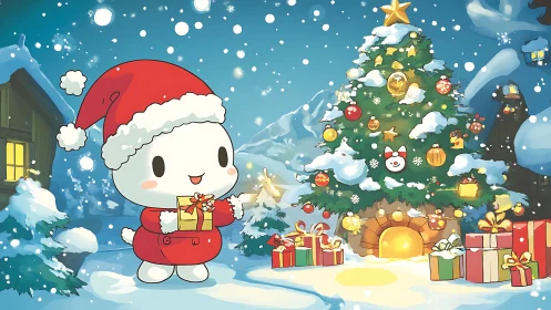 Snowy chibi mascot delivering gifts by luminous Christmas tree.