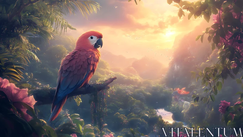 Digital parrot render overlooks dense valley at sunset