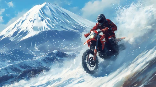 Scarlet rider carving thunder trails across icy mountainsides.