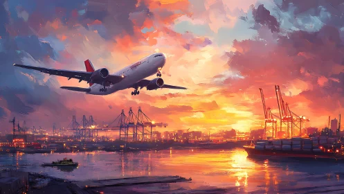 Passenger jet over industrial harbor at sunset sky.