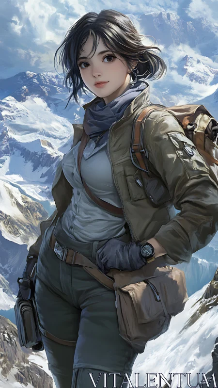 Ridgewalking heroine gazes over sunlit avalanche kingdom.