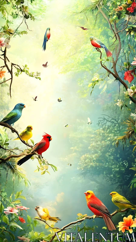Luminous rainforest songbirds in vertical digital painting.