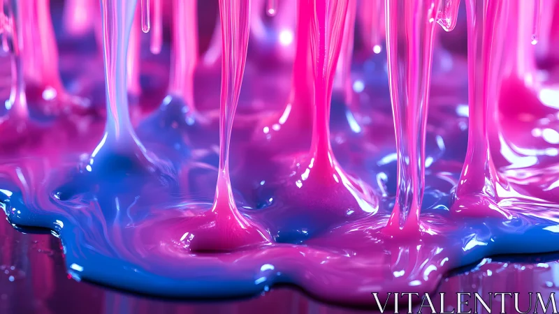 Pink and Blue Viscous Paint Drips in Abstract Macro Style.