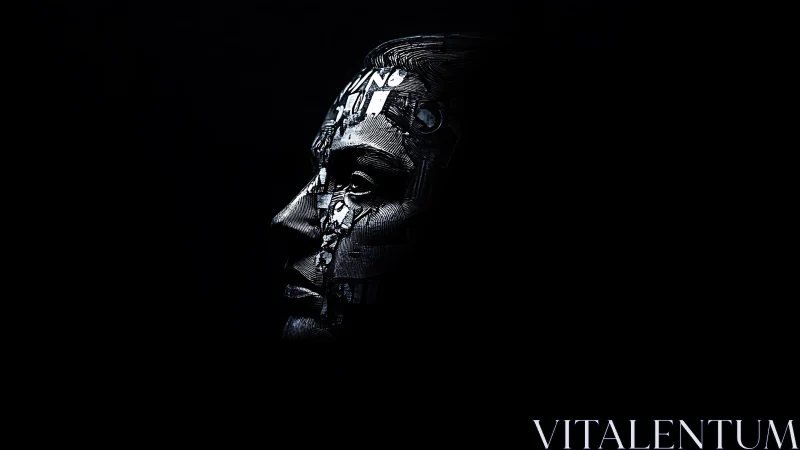 Cybernetic human profile with biomechanical plating in shadow