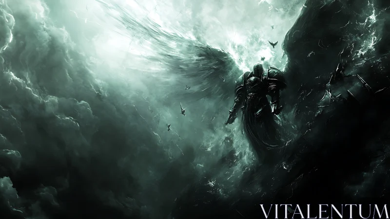 Storm-scarred heavens cradle a fallen armored seraph