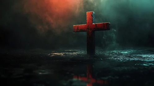 Red cross in dark misty scene with dramatic lighting.