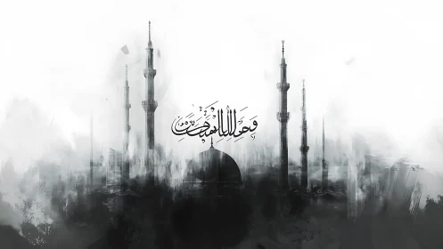 Whispers of minarets in a monochrome misted skyline.