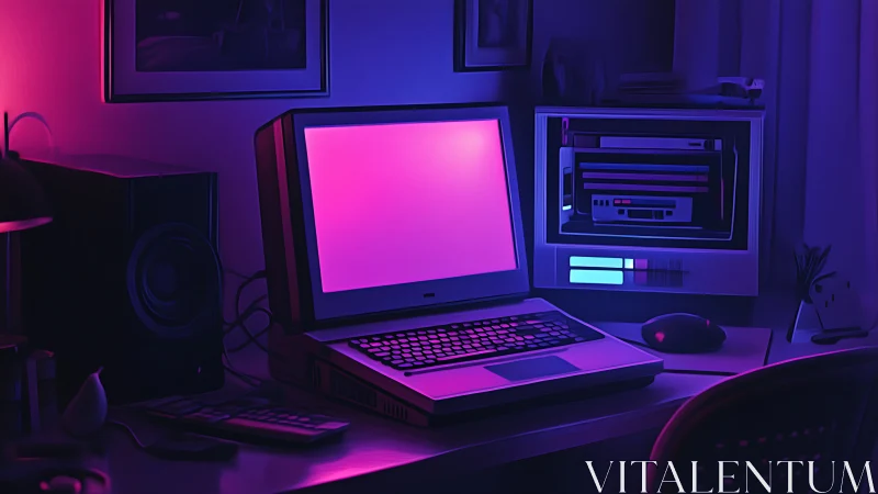 Retro computer workstation under magenta and blue lighting.