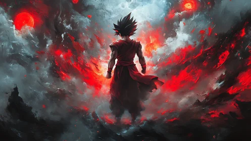 Silhouetted warrior in red cloak amid fiery storm clouds.