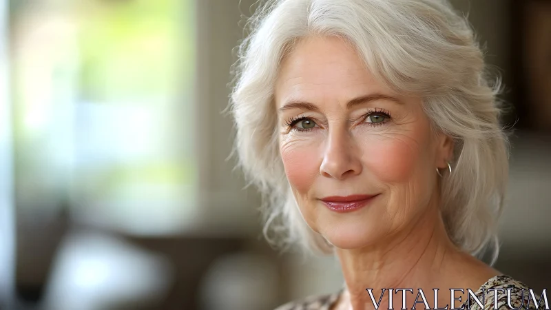 Elegant mature woman with gray hair in natural light portrait.