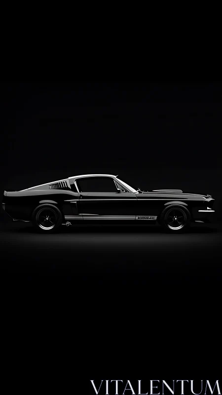 Midnight classic muscle car poised in dramatic profile glow.