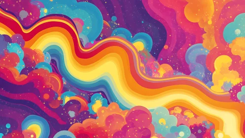 Pulsing rainbow river through cosmic neon cloudscape.