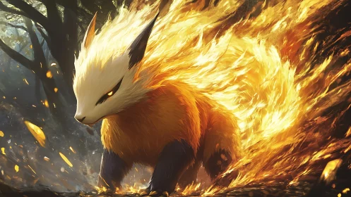 Fire-based fox creature in forest with dynamic flames.