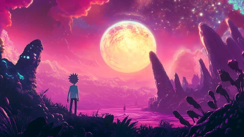 Stargazing wanderer greets a colossal neon moonrise dream
