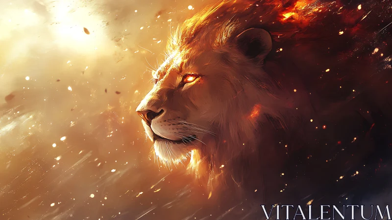 Fiery lion portrait in luminous ember-swept atmosphere.