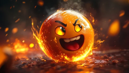 3D flaming emoji sphere with expressive cartoon face design.