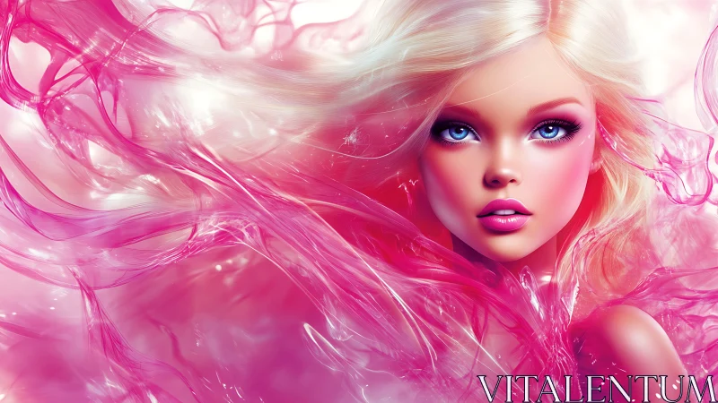 Iridescent digital portrait with flowing magenta energy veil.