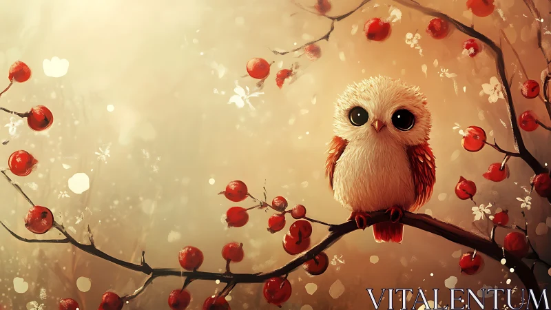 Cute fluffy owl on berry branch in dreamy digital art style.