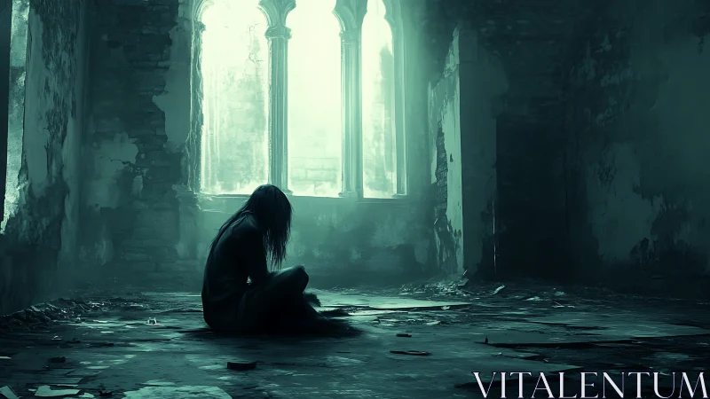 Solitary figure resting in soft light of a ruined hall.