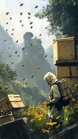 Solitary beekeeper tends hives in lush misty mountain valley